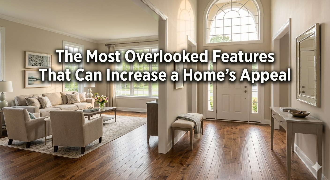 Bright, well-staged South Jersey home interior highlighting natural light, clean entryway, and balanced furniture layout, illustrating overlooked features that increase a home's appeal to buyers, overlaid with the text: “The Most Overlooked Features That Can Increase a Home’s Appeal”