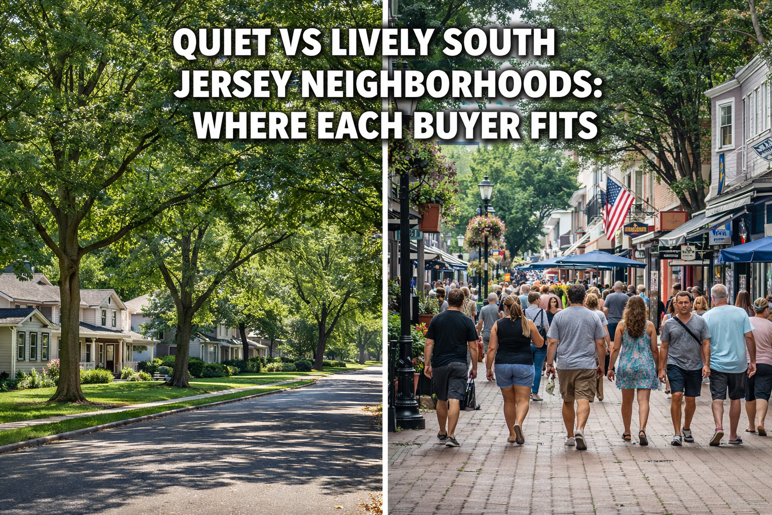 South Jersey neighborhood split between quiet tree-lined homes and a lively downtown area with shops and people, illustrating lifestyle contrast Overlay Text: “QUIET VS LIVELY SOUTH JERSEY NEIGHBORHOODS: WHERE EACH BUYER FITS”