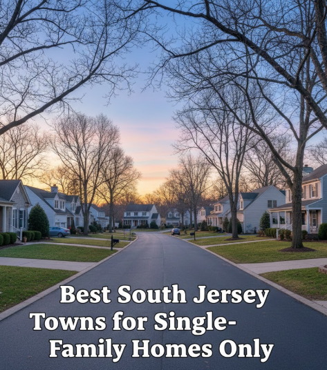 Quiet South Jersey suburban neighborhood with detached single-family homes, tree-lined streets, and well-kept lawns overlaid with text: Best South Jersey Towns for Single-Family Homes Only