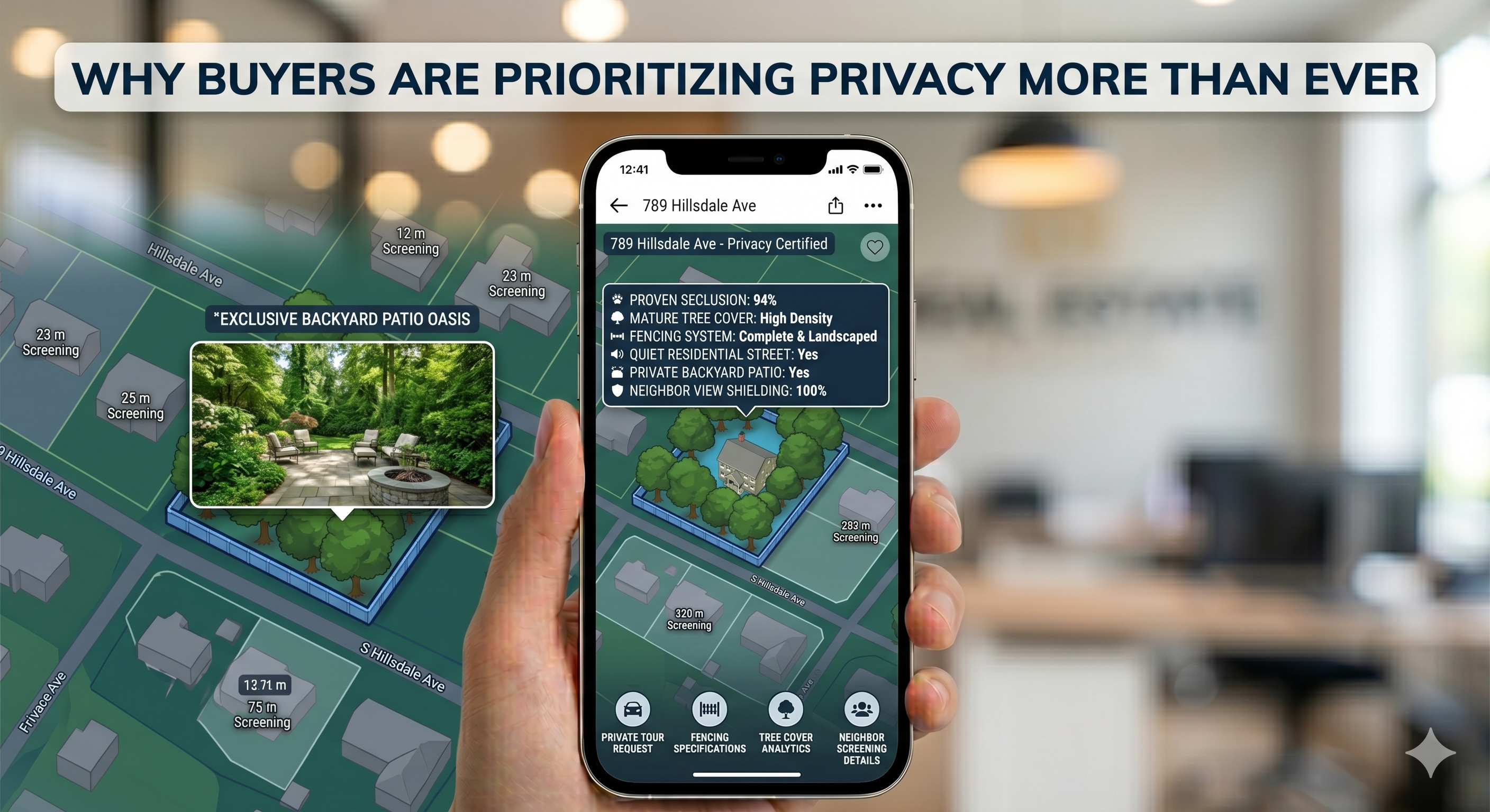 Private New Jersey home surrounded by mature trees and landscaped fencing, featuring a secluded backyard patio and quiet residential setting, overlaid with the text: “Why Buyers Are Prioritizing Privacy More Than Ever”