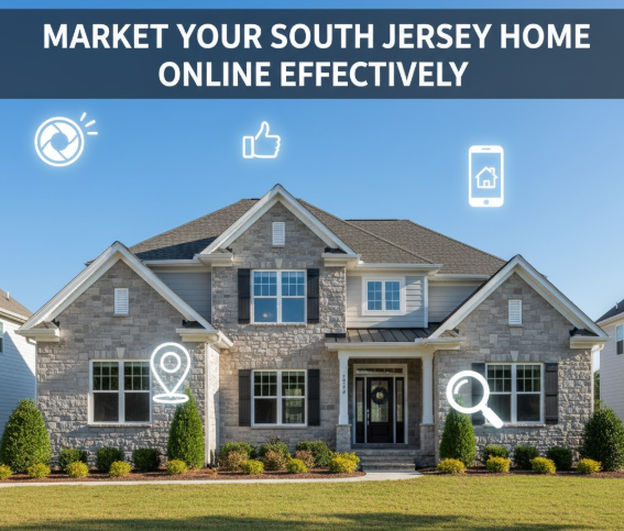 South Jersey home with professional listing photos and digital marketing icons,set against a clear blue sky, overlaid with the text: “MARKET YOUR SOUTH JERSEY HOME ONLINE EFFECTIVELY”