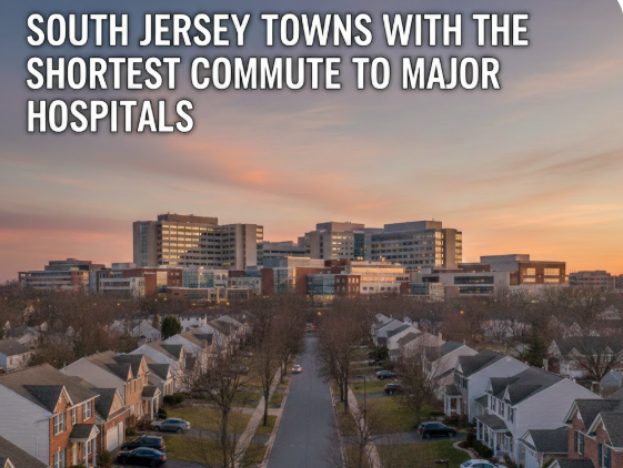South Jersey suburban street with single-family homes, and a hospital visible in the distance overlaid with text:South Jersey Towns With the Shortest Commute to Major Hospitals