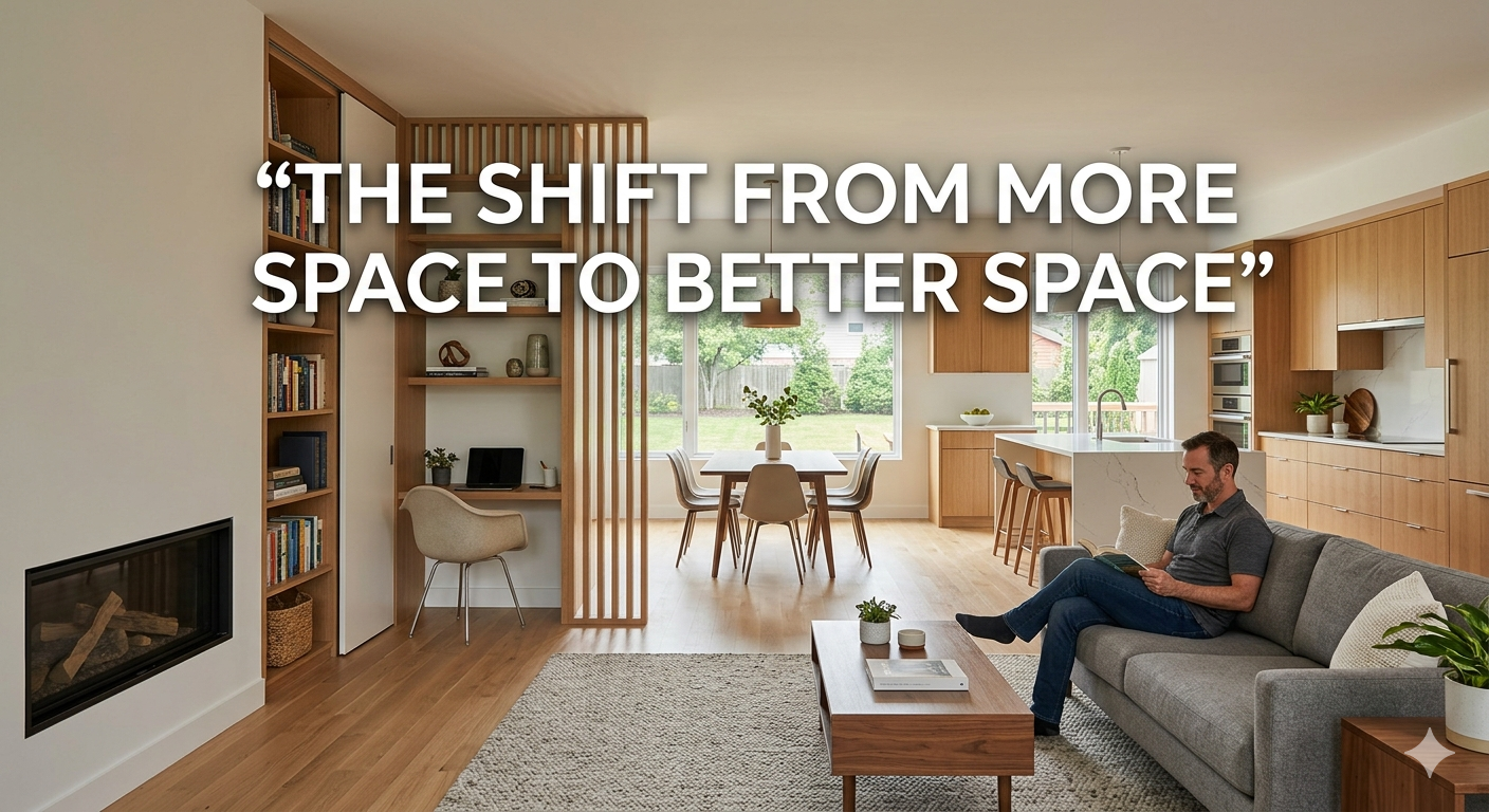 Modern New Jersey home interior featuring an open yet defined layout with efficient use of space, natural light, and multi-functional design elements, overlaid with the text: “The Shift From More Space to Better Space”