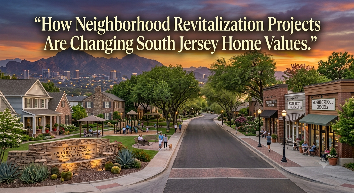 A revitalized South Jersey neighborhood featuring renovated sidewalks, landscaped streets, a community park, and new local businesses, illustrating how neighborhood revitalization projects can influence home values, overlaid with the text: “How Neighborhood Revitalization Projects Are Changing South Jersey Home Values.”  