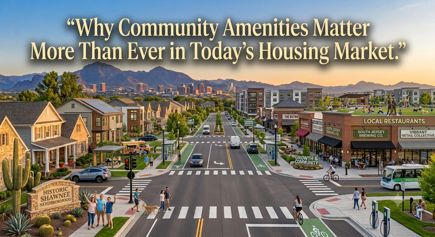 A vibrant South Jersey neighborhood featuring a community park, walking trails, local restaurants, retail shops, and families enjoying outdoor spaces, illustrating why community amenities matter more than ever in today's housing market, overlaid with the text: “Why Community Amenities Matter More Than Ever in Today's Housing Market.”