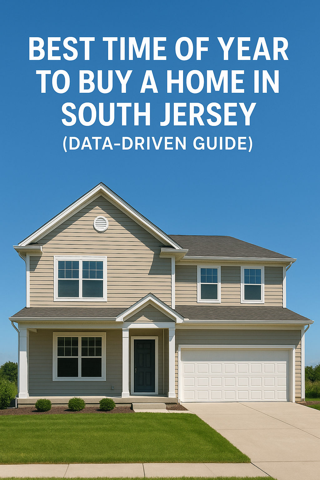 Modern two-story South Jersey suburban home with tan siding and an attached garage, set against a clear blue sky, overlaid with the text: Best Time of Year to Buy a Home in South Jersey (Data-Driven Guide)