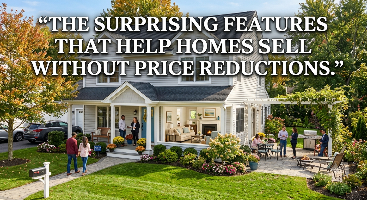 A bright, well-maintained South Jersey home with attractive curb appeal, organized living spaces, and a welcoming outdoor patio attracting interested buyers, illustrating the features that help homes sell without price reductions, overlaid with the text: “The Surprising Features That Help Homes Sell Without Price Reductions. 