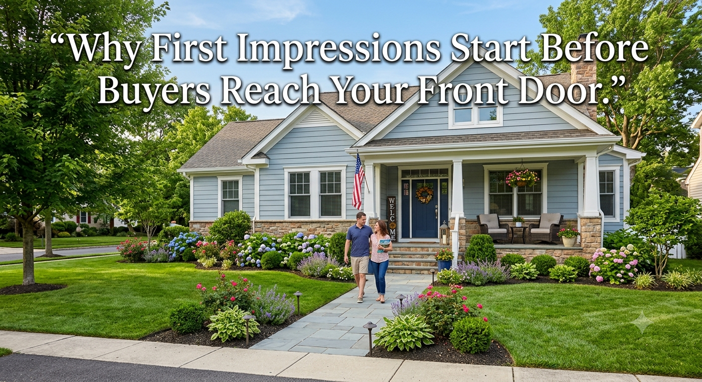 A beautifully maintained South Jersey home with manicured landscaping, a welcoming front porch, and attractive curb appeal as buyers approach the front entrance, illustrating why first impressions start before buyers reach the front door, overlaid with the text: “Why First Impressions Start Before Buyers Reach Your Front Door.” 