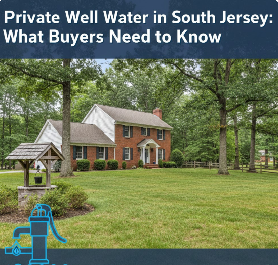 South Jersey single-family home with a large yard and a subtle illustration indicating a private well system.overlaid with Private Well Water in South Jersey: What Buyers Need to Know