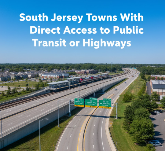 South Jersey suburban street with highway exit signs and a commuter train station visible in the distance, set against a clear blue sky, overlaid with the text: South Jersey Towns With Direct Access to Public Transit or Highways