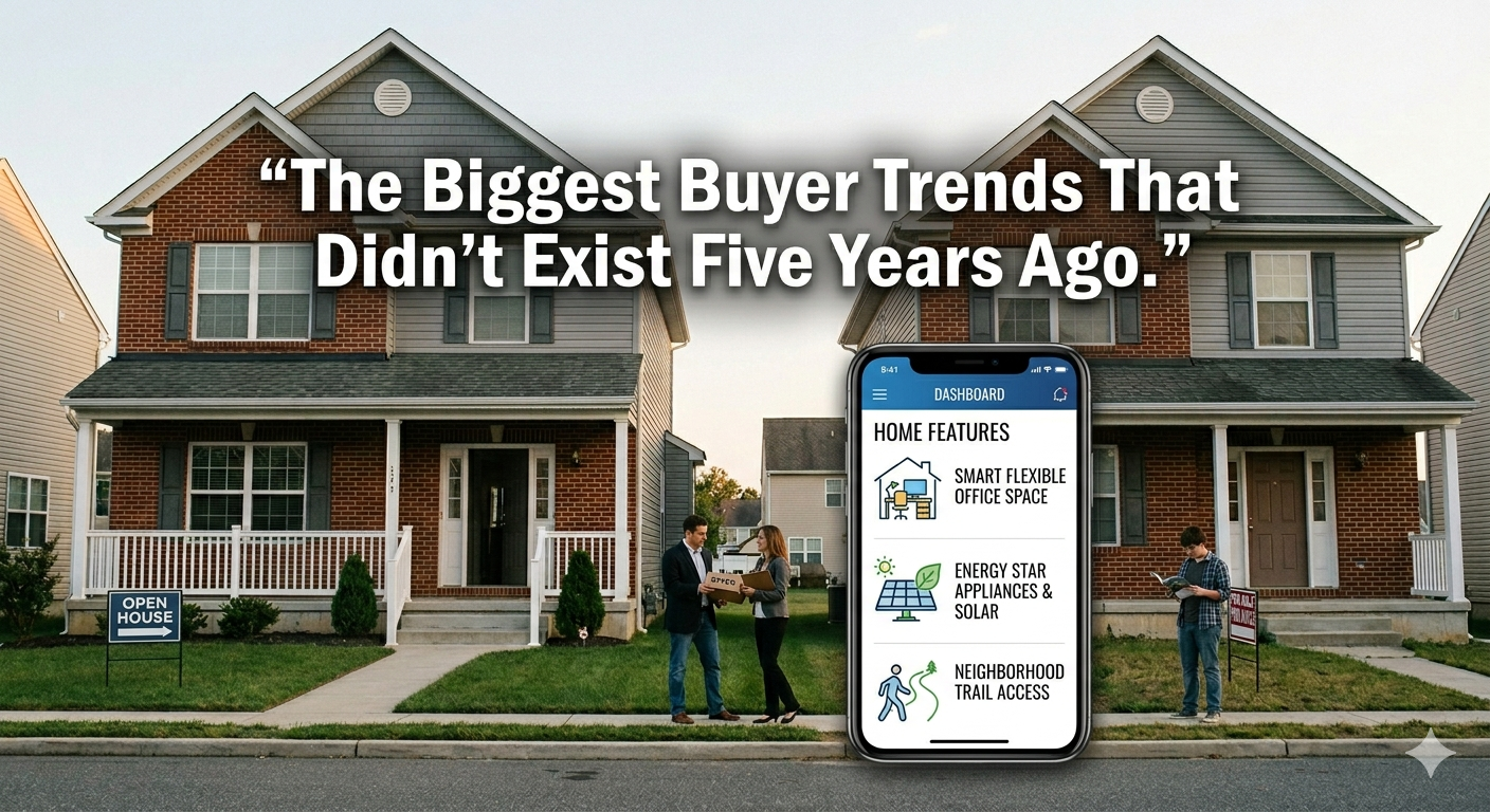 A modern South Jersey home with buyers viewing the property on a smartphone while comparing flexible living spaces, energy-efficient features, and neighborhood amenities, illustrating the biggest homebuyer trends that have emerged over the past five years, overlaid with the text: “The Biggest Buyer Trends That Didn't Exist Five Years Ago.”