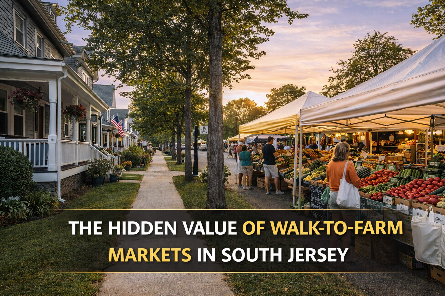 South Jersey residential neighborhood within walking distance to a local farm market, showcasing lifestyle appeal and community-focused living with Overlay Text: “THE HIDDEN VALUE OF WALK-TO-FARM MARKETS IN SOUTH JERSEY”