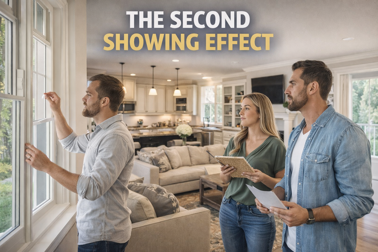 South Jersey home interior with buyers examining details during a second showing, highlighting deeper evaluation and decision-making with Overlay Text: “THE SECOND SHOWING EFFECT”