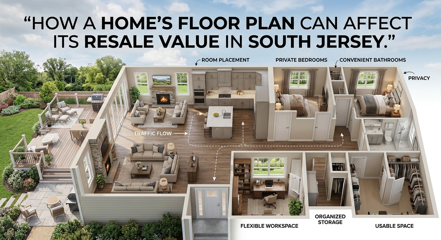South Jersey home interior with a thoughtfully designed floor plan showing connected living and dining areas, functional kitchen placement, private bedrooms, flexible workspace, organized storage, and easy access to an outdoor area, illustrating how layout and space efficiency can influence resale appeal, overlaid with the title: “How a Home’s Floor Plan Can Affect Its Resale Value in South Jersey.”
