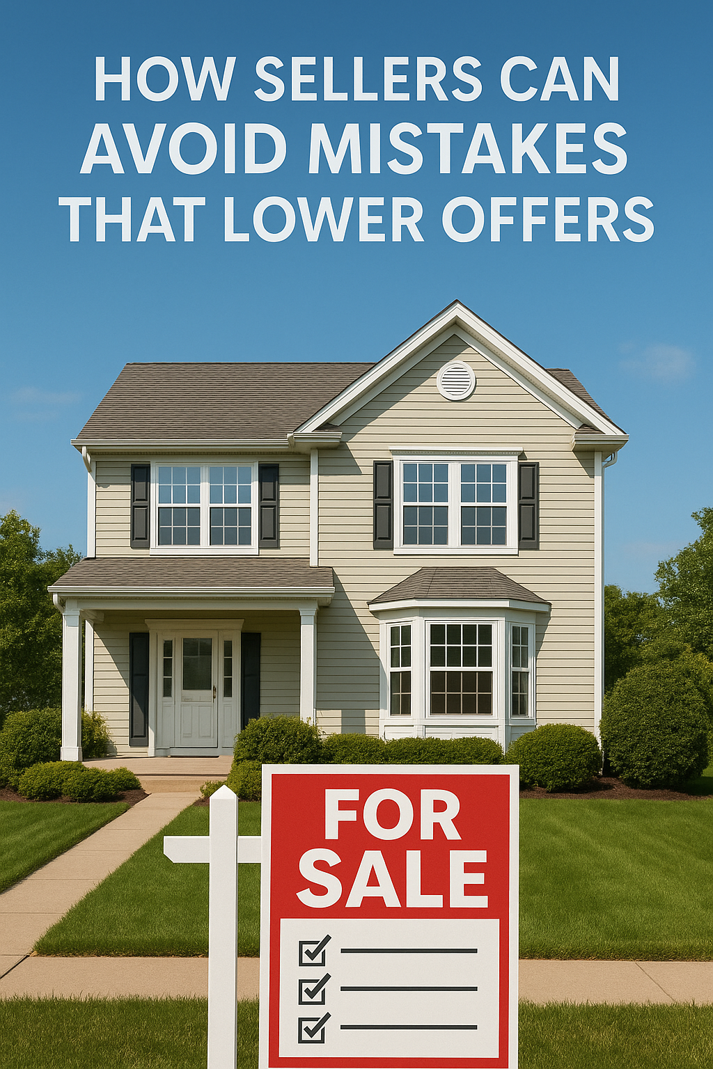 South Jersey home with a “For Sale” sign and checklist, set against a clear blue sky, overlaid with the text: “HOW SELLERS CAN AVOID MISTAKES THAT LOWER OFFERS”