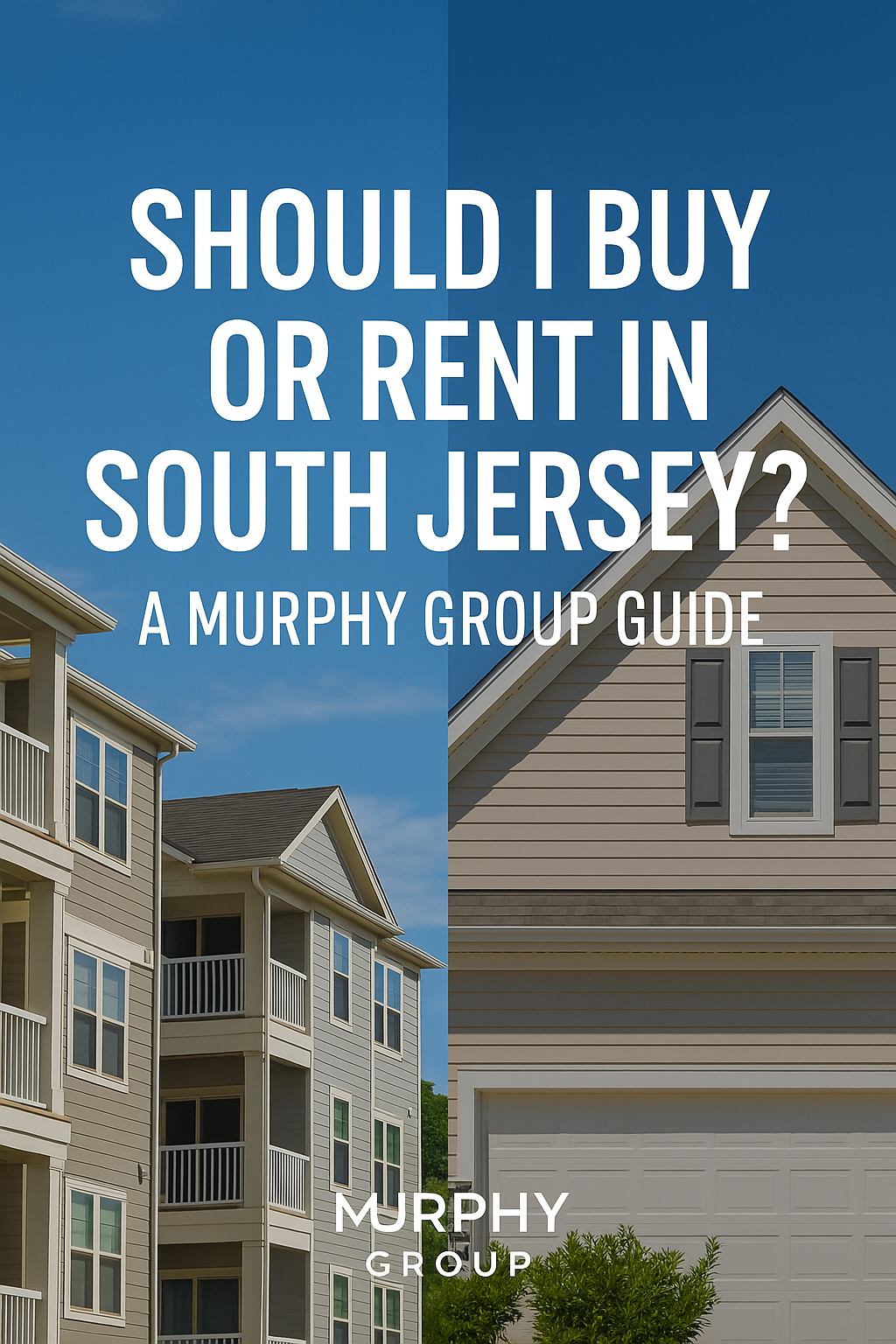 Split-screen image showing a South Jersey apartment building on one side and a suburban single-family home on the other, symbolizing the choice between renting and buying, with text reading “Should I Buy or Rent in South Jersey?”