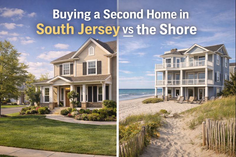 Comparison of South Jersey suburban home vs. Jersey Shore beachfront property for second home buyers overlaid with text: “Buying a Second Home in South Jersey vs the Shore”