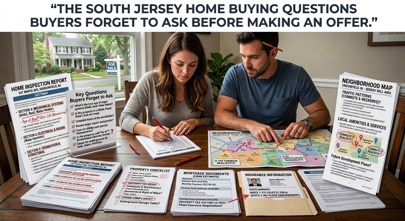 South Jersey homebuyers reviewing a property checklist, inspection report, mortgage documents, insurance information, and neighborhood map before making an offer, illustrating the important questions buyers should ask before purchasing a home, overlaid with the text: “The South Jersey Home Buying Questions Buyers Forget to Ask Before Making an Offer.” 