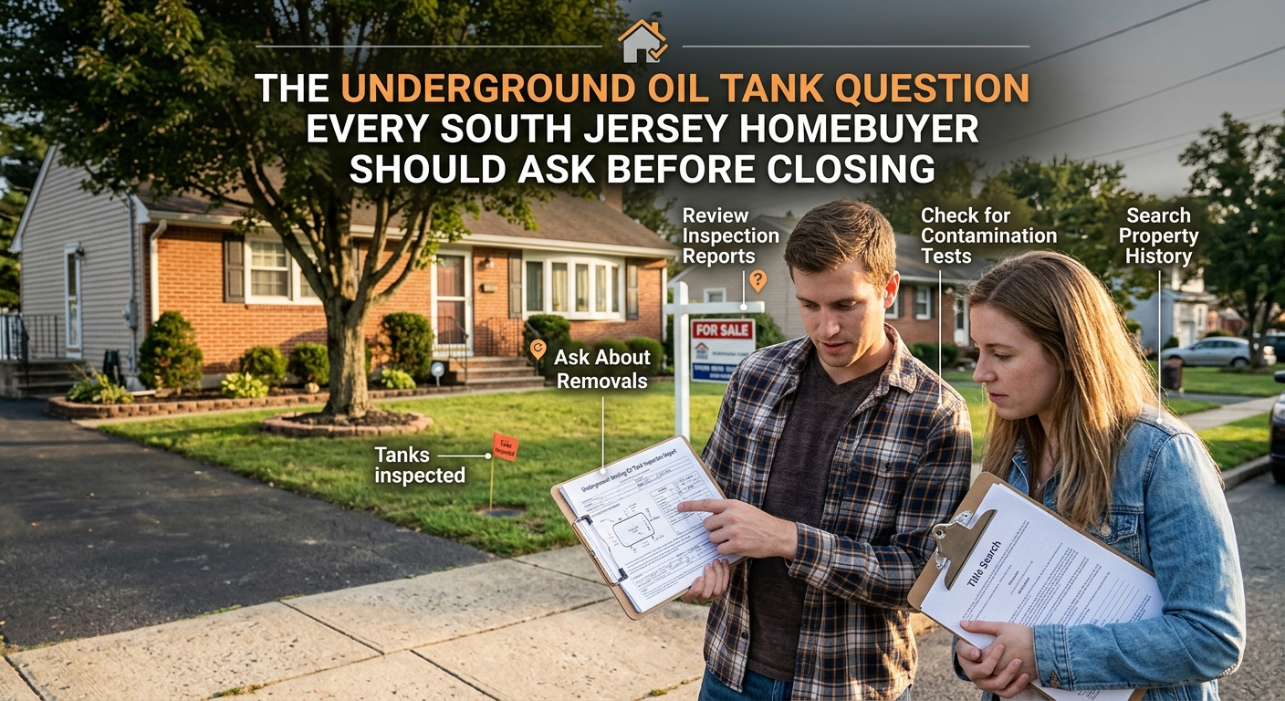 South Jersey homebuyer reviewing property records and an underground heating-oil tank inspection report while standing near a residential property, illustrating the environmental and financial questions buyers should ask before closing, overlaid with the text: “The Underground Oil Tank Question Every South Jersey Homebuyer Should Ask Before Closing”