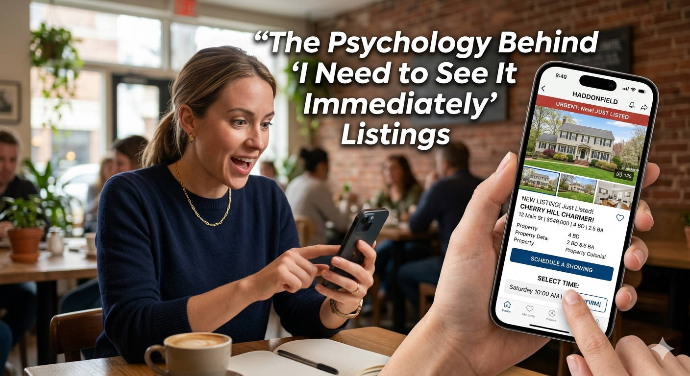 South Jersey home listing displayed on a smartphone with a buyer reacting immediately and scheduling a showing, illustrating the psychology behind urgency-driven real estate listings that trigger instant viewing requests, overlaid with the text: “The Psychology Behind ‘I Need to See It Immediately’ Listings”  