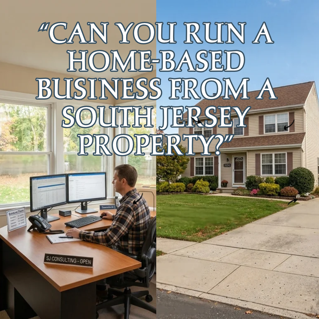 A South Jersey home with a bright dedicated home office, computer workstation, organized shelves, and a residential exterior, illustrating the considerations involved in operating a business from home, overlaid with the exact text: “Can You Run a Home-Based Business From a South Jersey Property?