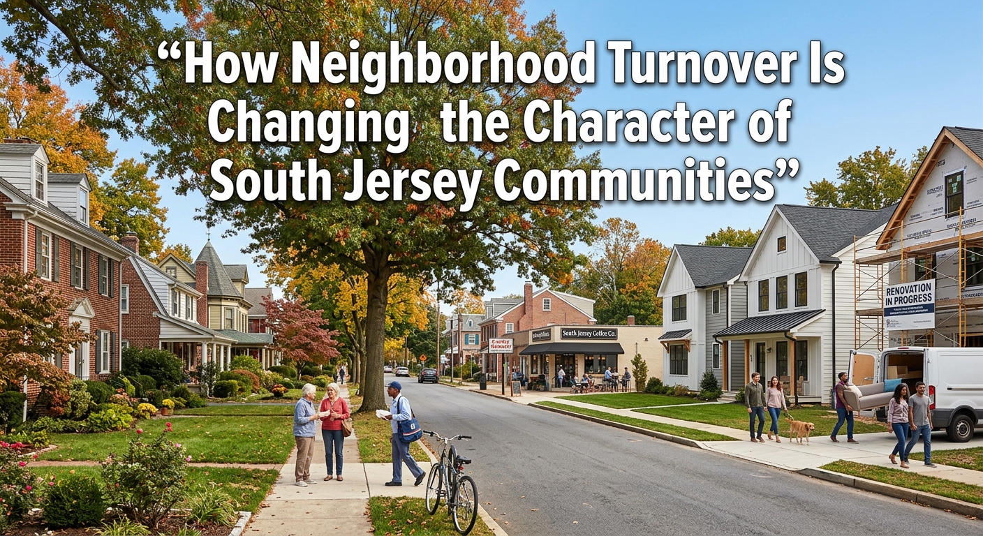 An established South Jersey neighborhood showing a mix of longtime homes, recently renovated properties, new residents, mature trees, and local businesses, illustrating how neighborhood turnover can change the character of a community, overlaid with the text: “How Neighborhood Turnover Is Changing the Character of South Jersey Communities.” 