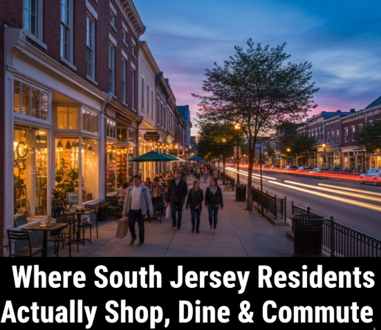 South Jersey downtown street with boutique shops, restaurants with outdoor seating, and commuters on a nearby road overlaid with text: Where South Jersey Residents Actually Shop, Dine & Commute