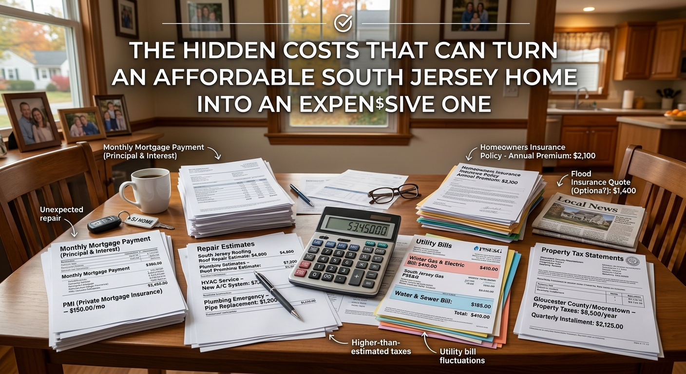 South Jersey home with a calculator, mortgage documents, repair estimates, utility bills, insurance paperwork, and property tax statements illustrating the unexpected expenses of homeownership, overlaid with the text: “The Hidden Costs That Can Turn an Affordable South Jersey Home Into an Expensive One” 