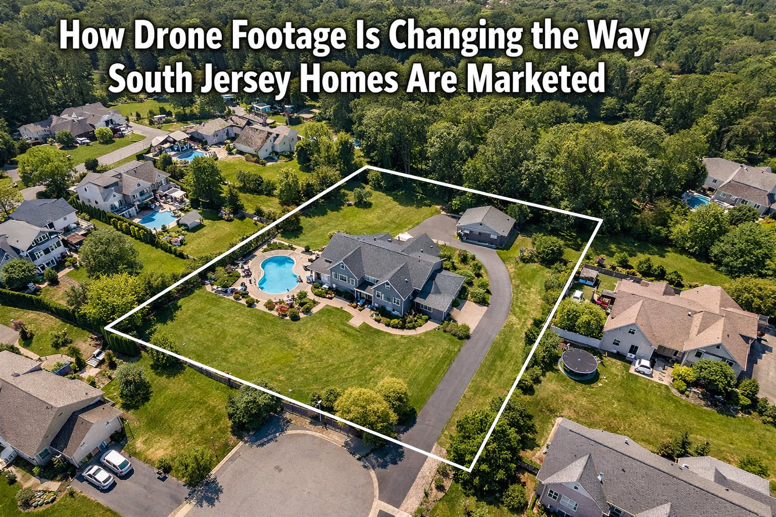 Aerial drone footage of a South Jersey home showcasing property layout, lot size, and surrounding neighborhood from above with overlaid text: How Drone Footage Is Changing the Way South Jersey Homes Are Marketed
