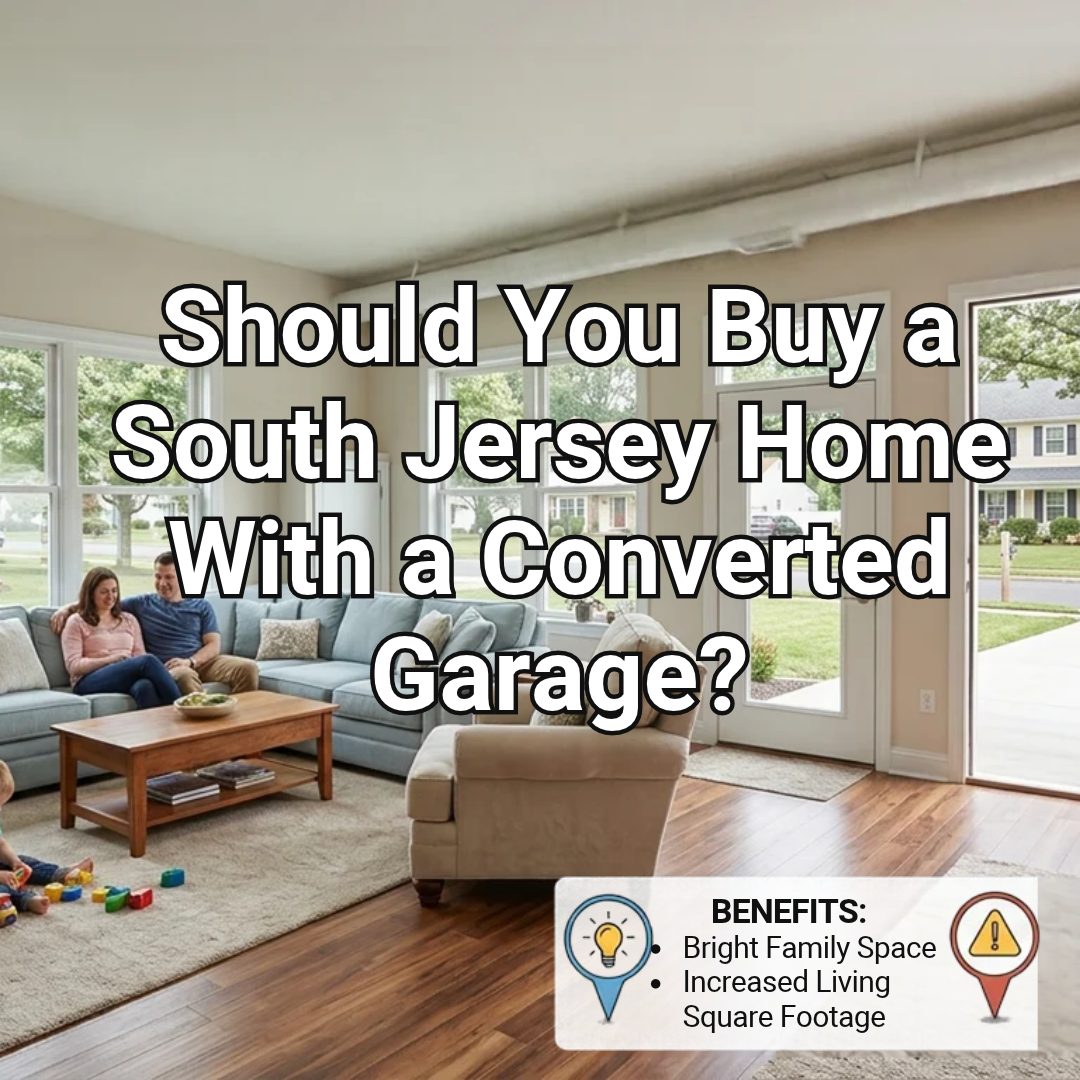 A South Jersey home with a former garage converted into a bright family room, featuring finished flooring, windows, comfortable seating, and a driveway outside, illustrating the benefits and potential concerns buyers should consider, overlaid with the text: “Should You Buy a South Jersey Home With a Converted Garage?” 