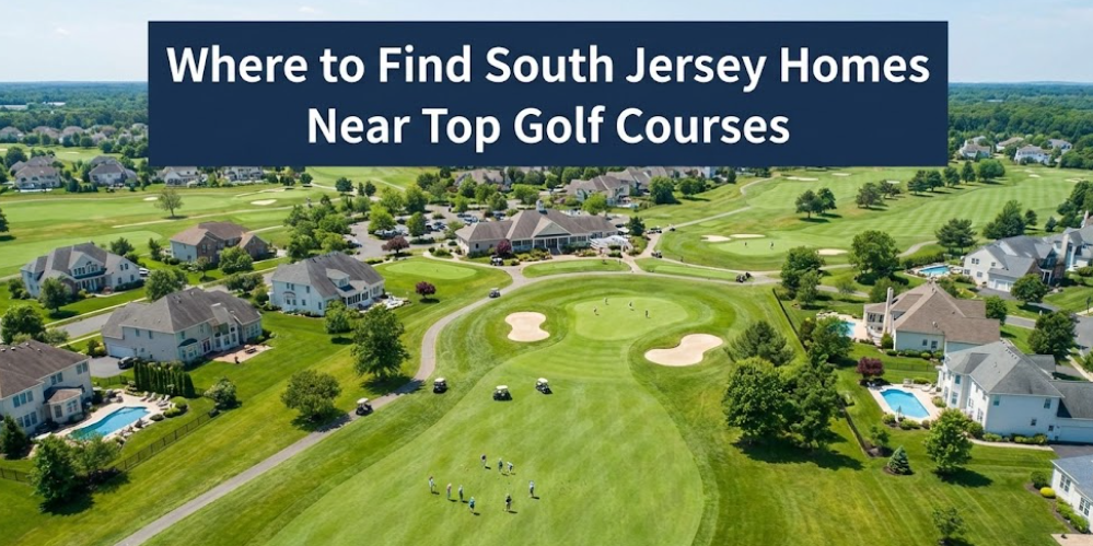Aerial view of a South Jersey golf course with manicured greens, residential homes along the fairways, and golfers enjoying the course overlaid text: Where to Find South Jersey Homes Near Top Golf Courses