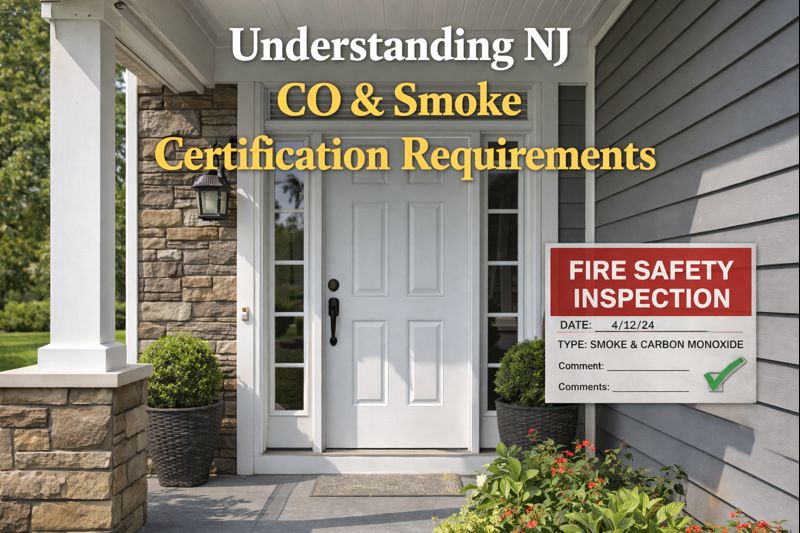 New Jersey home exterior with a fire safety inspection sticker visible near the front door. overlay with “Understanding NJ CO & Smoke Certification Requirements”