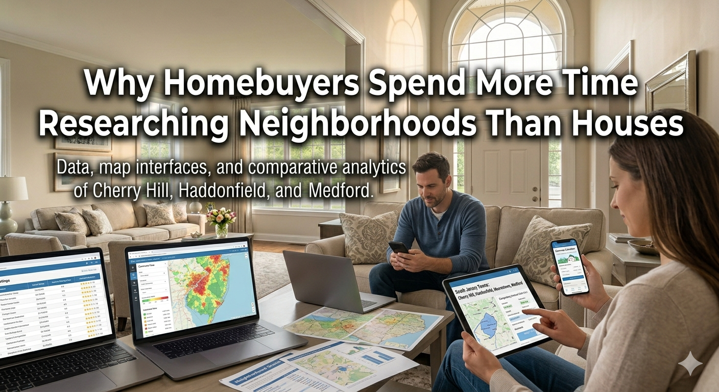 South Jersey homebuyers using laptops and mobile devices to research neighborhood maps, school ratings, and commute times while comparing different suburban communities, illustrating why buyers spend more time researching neighborhoods than houses, overlaid with the text: “Why Homebuyers Spend More Time Researching Neighborhoods Than Houses” 