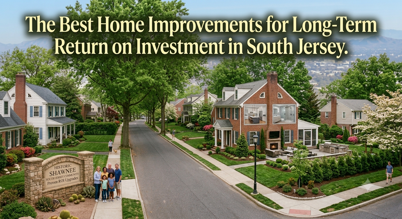 A beautifully updated South Jersey home featuring a modern kitchen, renovated bathroom, landscaped exterior, and outdoor living space, illustrating the best home improvements for long-term return on investment, overlaid with the text: “The Best Home Improvements for Long-Term Return on Investment in South Jersey.” 