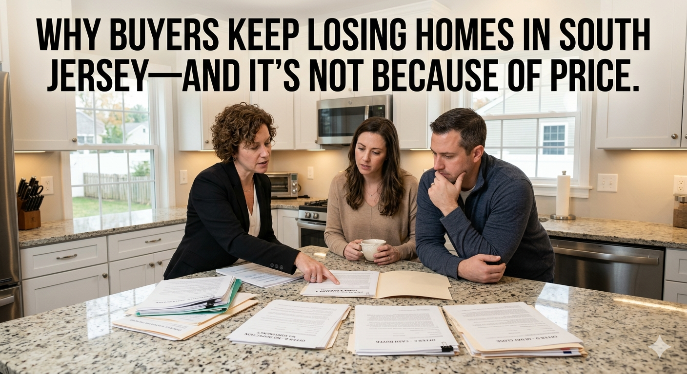South Jersey home with multiple offer documents on a kitchen counter while buyers and a real estate agent review competing bids, illustrating why buyers lose homes due to offer strength, terms, and strategy rather than price alone, overlaid with the text: 
