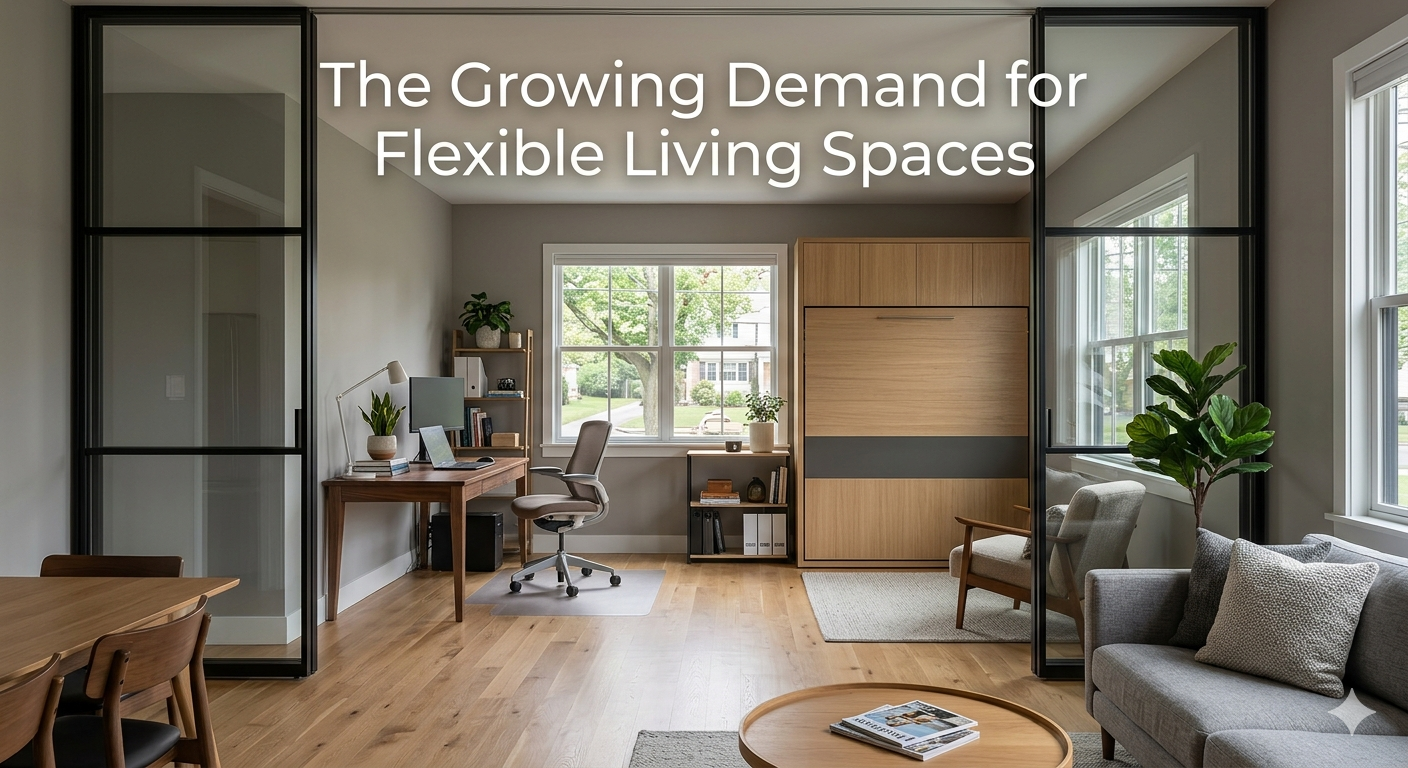 Contemporary New Jersey home interior showcasing a flexible living space with a home office setup, fold-out guest bed, and sliding partitions for multi-use functionality, overlaid with the text: “The Growing Demand for Flexible Living Spaces”