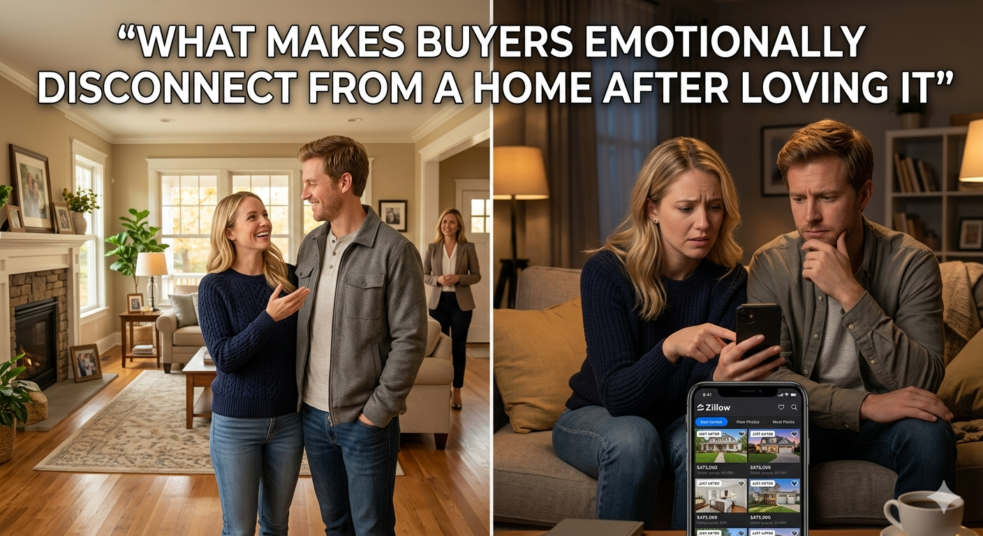 South Jersey home viewed warmly by a couple during a showing, followed by a second scene of them looking uncertain while browsing new listings on a phone, illustrating emotional disconnect after initially loving a home, overlaid with the text: “What Makes Buyers Emotionally Disconnect From a Home After Loving It” 