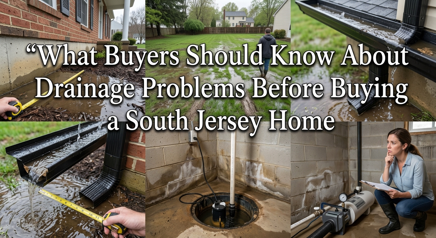  South Jersey home after heavy rainfall with standing water near the foundation, saturated backyard, gutters and downspouts, basement drainage equipment, and a buyer inspecting the property, overlaid with the text: “What Buyers Should Know About Drainage Problems Before Buying a South Jersey Home” 