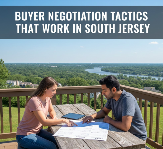 Buyer and agent reviewing a home offer in South Jersey, set against a clear blue sky, overlaid with the text: “BUYER NEGOTIATION TACTICS THAT WORK IN SOUTH JERSEY”