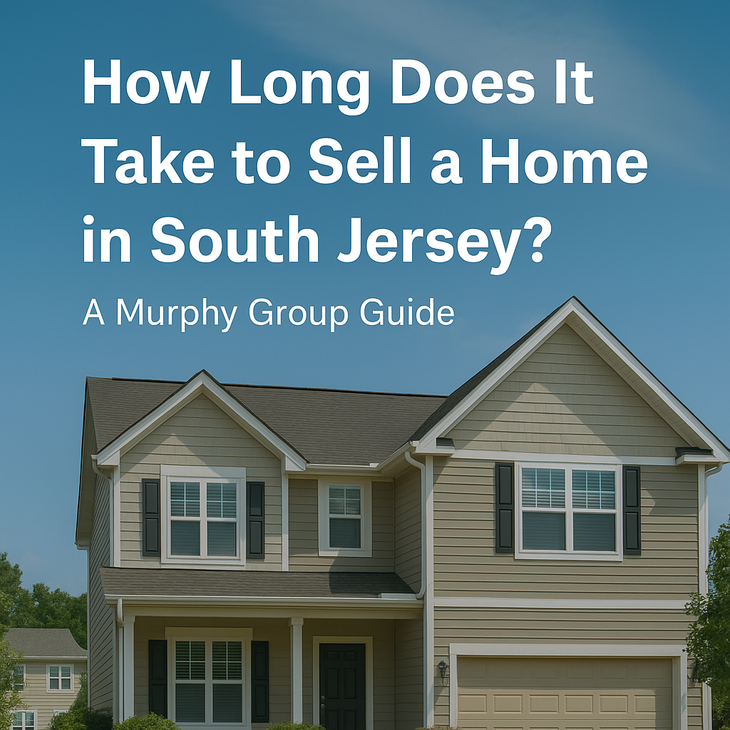 Two-story beige suburban home in South Jersey with white trim under a clear blue sky, overlaid with text reading “How Long Does It Take to Sell a Home in South Jersey? A Murphy Group Guide.”