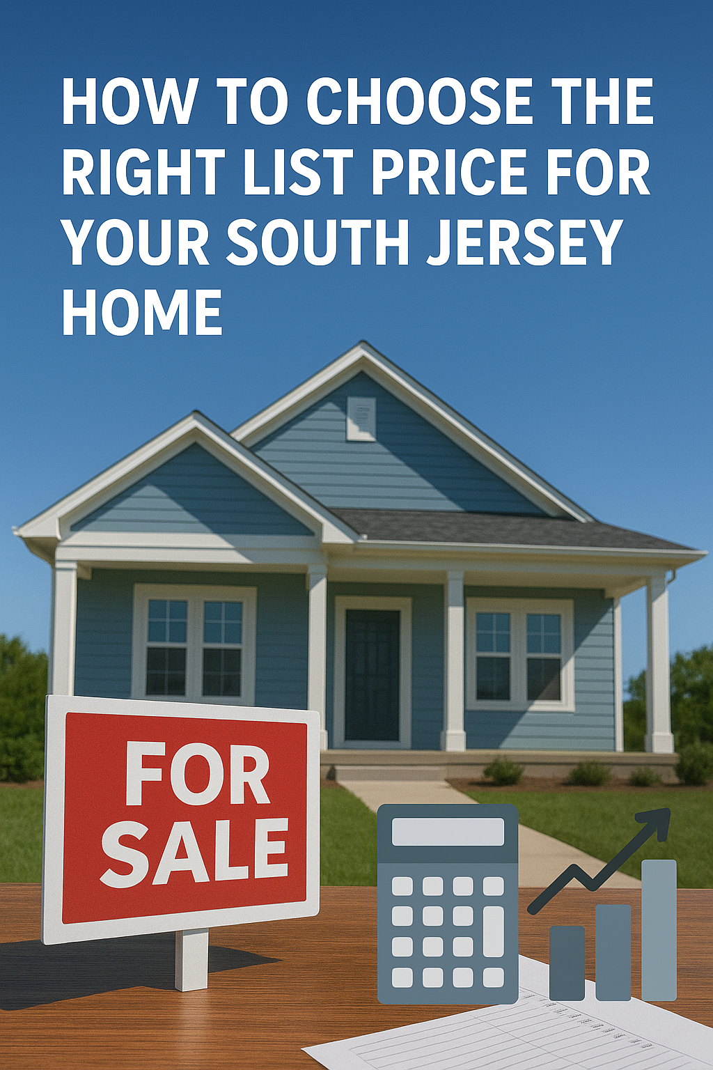 South Jersey home with a For Sale sign, calculator, and pricing chart overlay, et against a clear blue sky, overlaid with the text: “HOW TO CHOOSE THE RIGHT LIST PRICE FOR YOUR SOUTH JERSEY HOME”