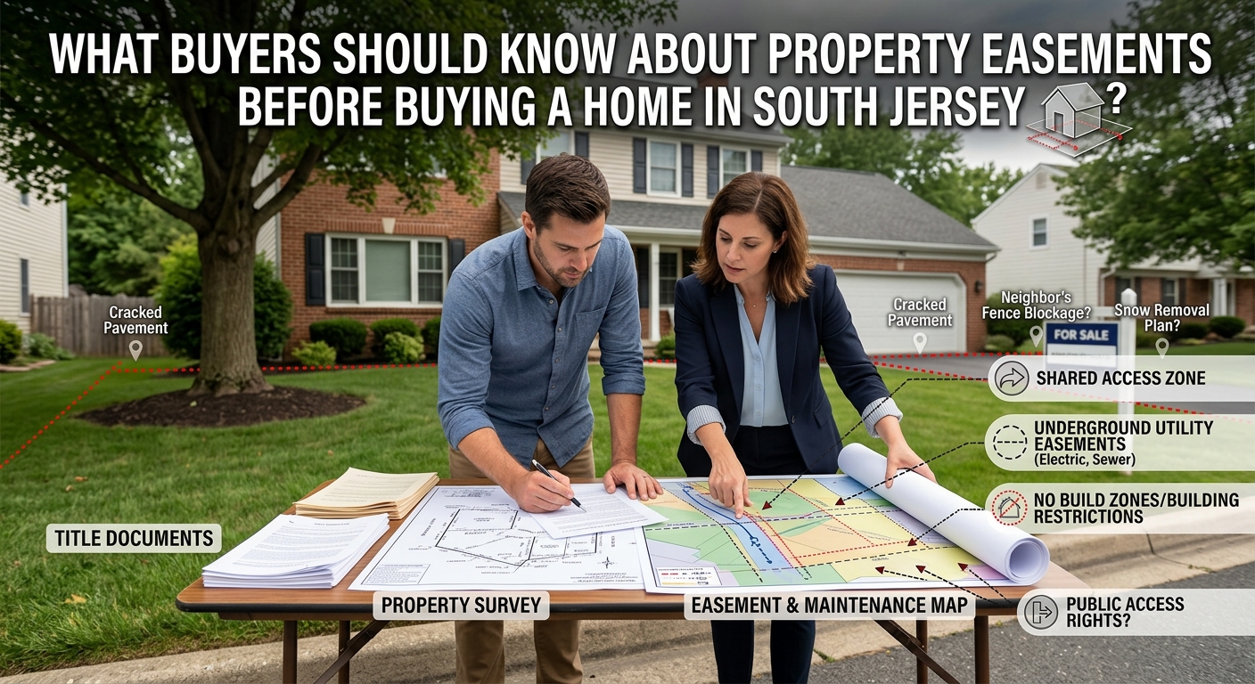 South Jersey homebuyer examining a shared residential driveway between neighboring properties while reviewing property documents and an easement map, illustrating the access, maintenance, parking, and legal questions involved, overlaid with the text: “Why Shared Driveways Can Create Unexpected Problems for South Jersey Homebuyers” 