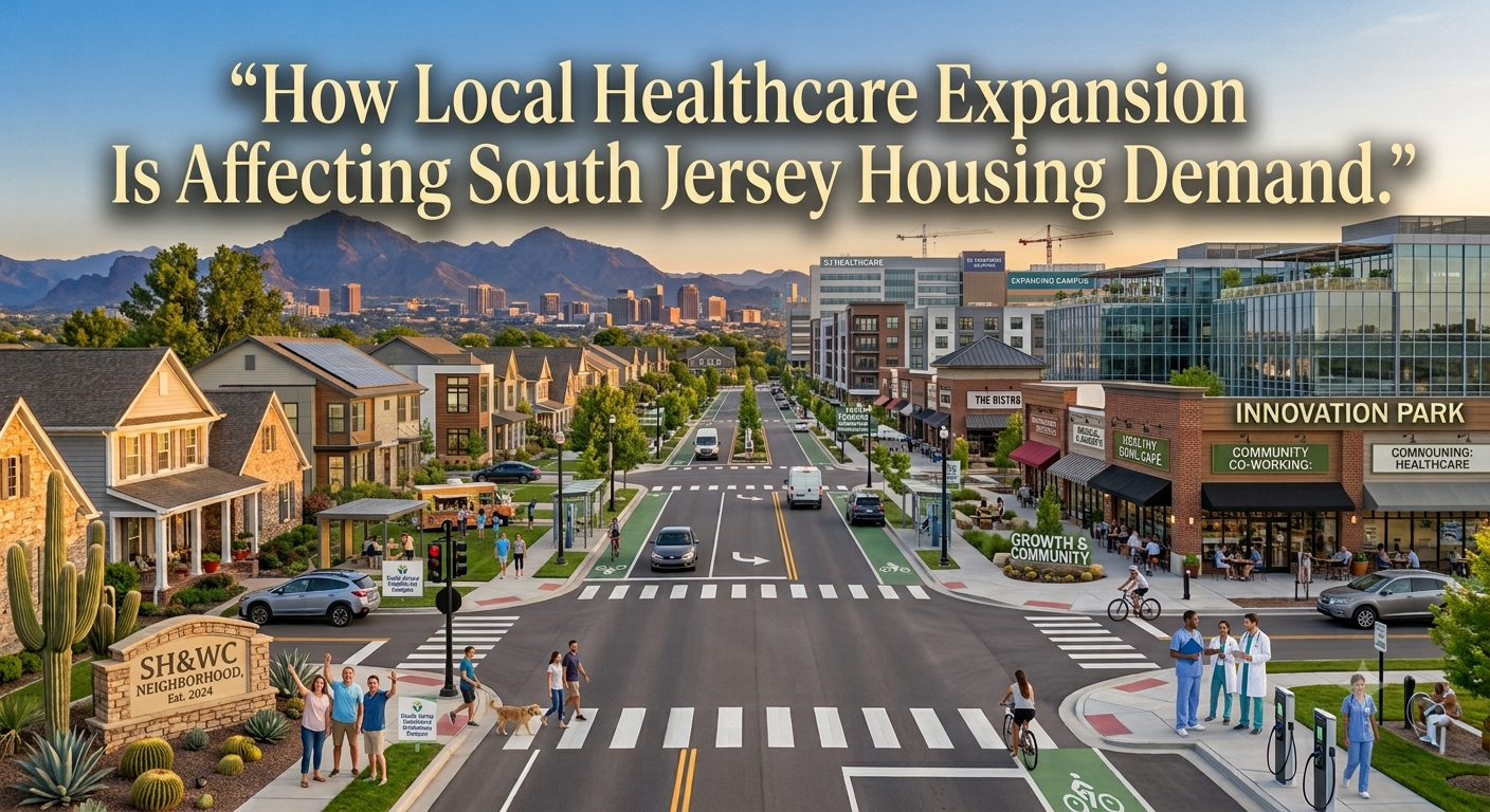 A modern South Jersey neighborhood located near an expanding hospital campus, with healthcare professionals, residential homes, and local businesses, illustrating how healthcare expansion is influencing housing demand, overlaid with the text: “How Local Healthcare Expansion Is Affecting South Jersey Housing Demand.”