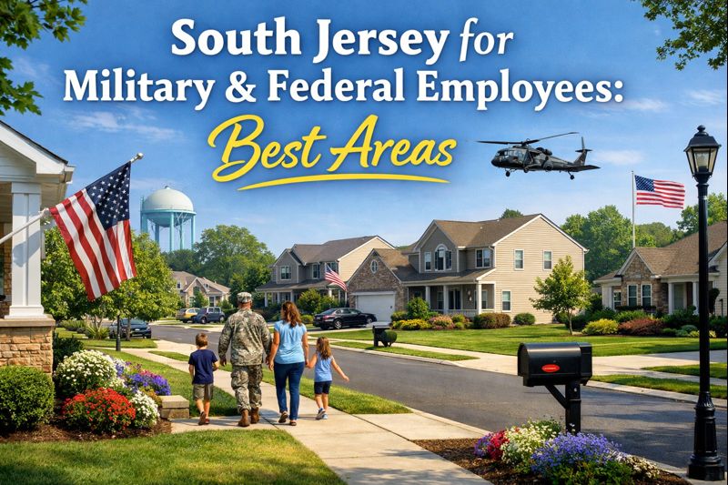 Suburban South Jersey neighborhood ideal for military and federal employees relocating to the area overlaid with text: “South Jersey for Military & Federal Employees: Best Areas”