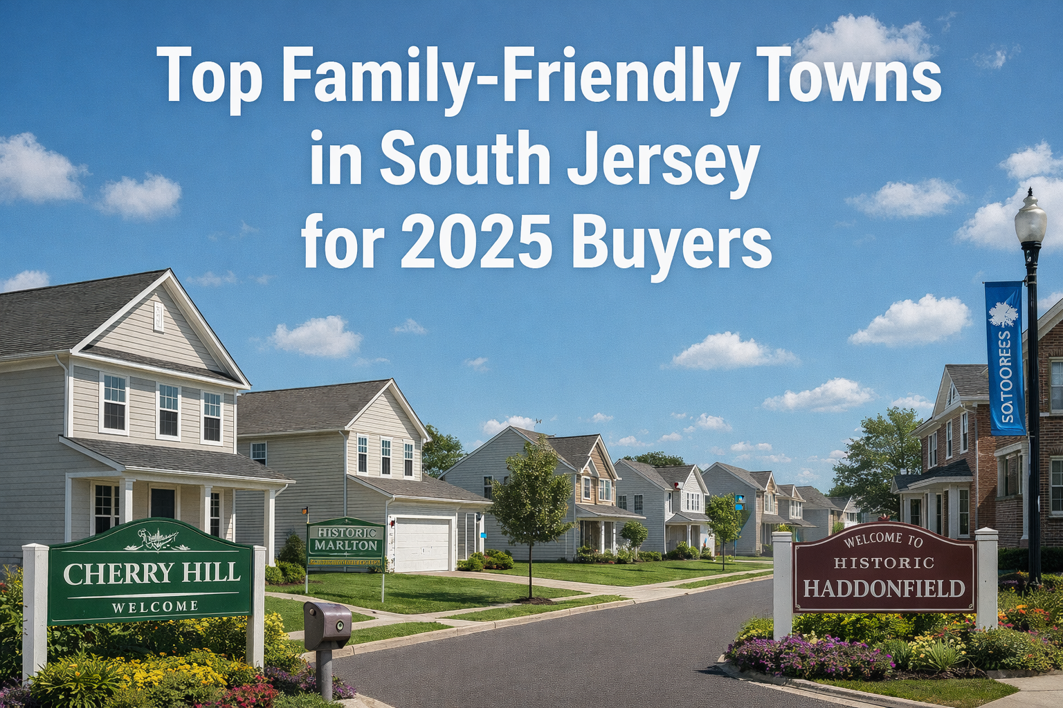 Modern two-story South Jersey suburban home with tan siding and an attached garage, set against a clear blue sky, overlaid with the text: Top Family-Friendly Towns in South Jersey for 2025 Buyers