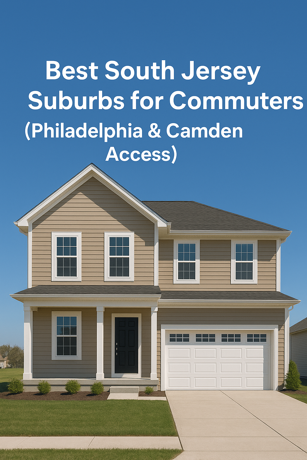 Modern two-story South Jersey suburban home with tan siding and an attached garage, set against a clear blue sky, overlaid with the text: Top Family-Friendly Towns in South Jersey for 2025 Buyers