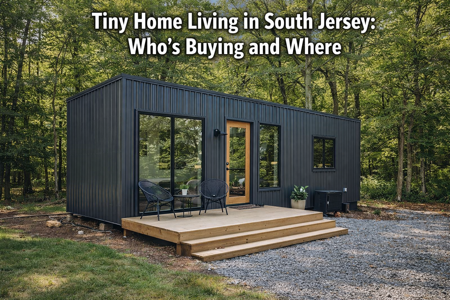 Modern tiny home in South Jersey set on a wooded lot, showcasing compact living and minimalist designwith overlaid text:Tiny Home Living in South Jersey: Who’s Buying and Where