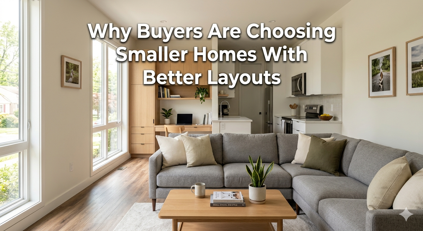 Modern New Jersey home interior with open-concept layout, efficient use of space, and natural light highlighting a smaller but well-designed living area, overlaid with the text: “Why Buyers Are Choosing Smaller Homes With Better Layouts”