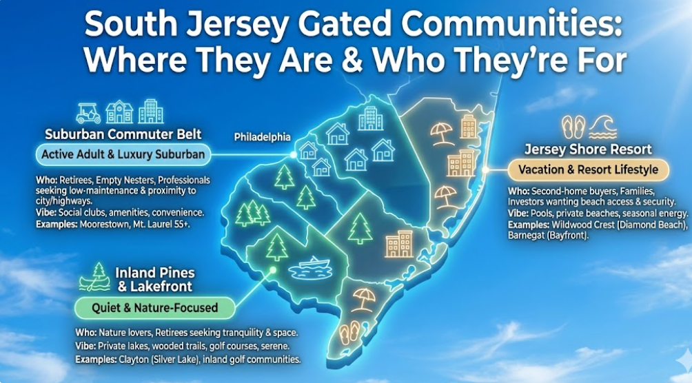 Graphic titled 'South Jersey Gated Communities: Where They Are & Who They’re For' showing a map of South Jersey with highlighted gated community locations, accompanied by an overview of the types of residents each community attracts.