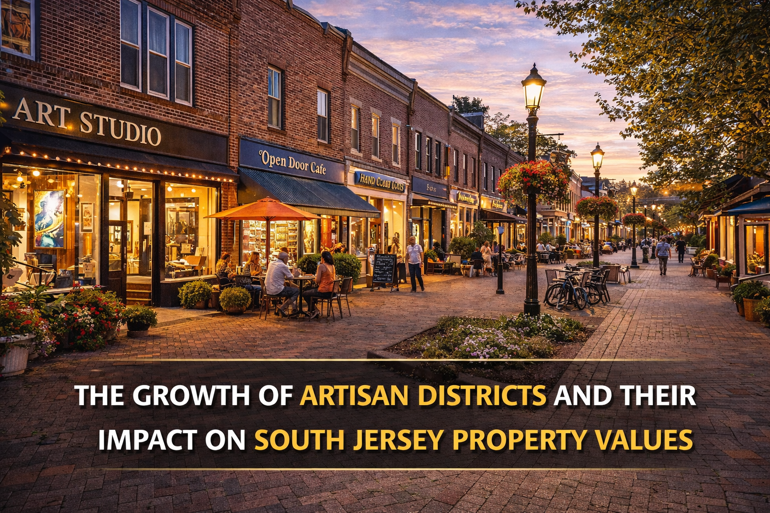 South Jersey artisan district with walkable streets, brick storefronts, local cafés, and art studios, showcasing creative neighborhood growth with Overlay Text: “THE GROWTH OF ARTISAN DISTRICTS AND THEIR IMPACT ON SOUTH JERSEY PROPERTY VALUES”